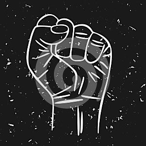 Strong fist raised up on dark background with grunge texture. Hand drawn vector illustration of human arm with clenched