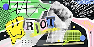 Strong fist raised up in halftone shape. Vector collage in contemporary punk grunge style . Modern poster with dotted