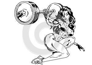 Strong fitness girl in bikini lift heavy barbell one hand