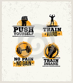 Strong Fitness Gym Workout Motivation Design Elements. Sport Fit Sign Vector On Rough Background photo