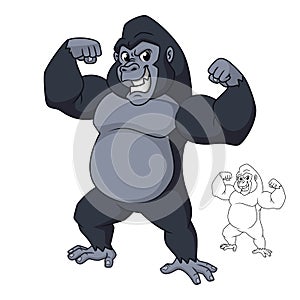 Strong Gorilla Standing Showing Arm Muscles with Line Art Drawing
