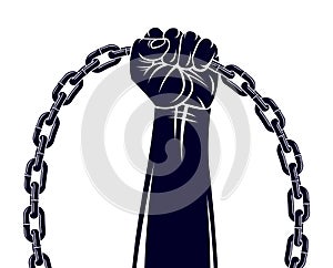 Strong hand clenched fist fighting for freedom against chain slavery theme illustration, vector logo or tattoo, getting free,