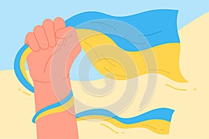 Strong hand with wavy national Ukrainian flag, fist rising in protest against war