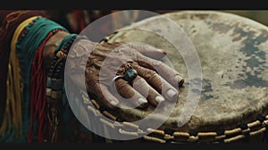 Strong hands calloused and weathered beat a large Native American drum their movements in perfect sync with the ancient