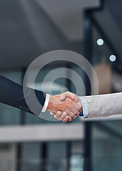 Strong handshake for a strong partnership. two businessmen shaking hands in a modern office.