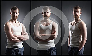 Strong, handsome and bearded man in sleeveless shirt over black background.