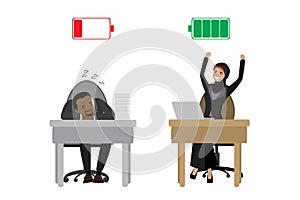 Strong happy arabic businesswoman and tired african american businessman,Green Charged and red discharged battery,isolated on