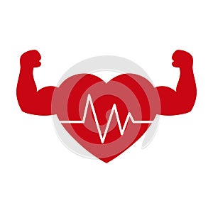 Strong heart with muscle arms and line ecg, Healthy athlete`s heart, Simple flat design icon symbol