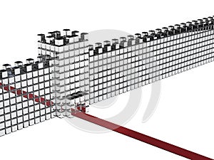 A strong and high defense wall and checkpoint ahead of the path. An abstract concept representing roadblocks and difficulties that