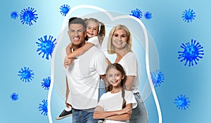 Strong immunity - healthy family. Happy parents with children protected from viruses and bacteria, illustration photo