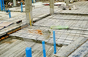 strong iron wire on precast concrete slabs prepare for reinforce structure floor. rebar make net for use construction house site