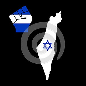 Strong Israel. Raised fist on blue and white Israeli national colour in map with David star. Freedom and support Israeli