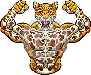 Strong jaguar mascot flexing arms front symmetric view photo