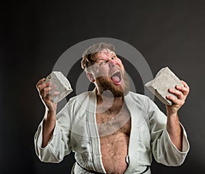 Strong karateka breaks a brick