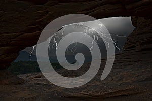 Strong lightning over the forest in monsoon season in Asia