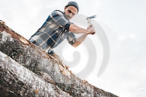 Strong logger worker cuts tree in forest photo