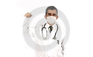 Strong male doctor standing on white background in his hand