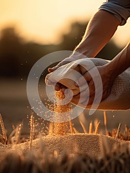 Strong male hands holding a sack of grain. Ripe wheat is pouring from the bag. Sunset sun blurred backdrop. Generative AI