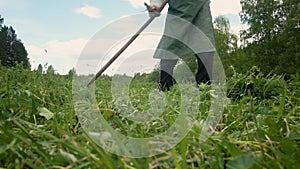 Strong man 60-65 years old with a scythe mows green grass on the field.