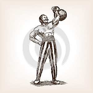 Strong man with kettlebell sketch vector