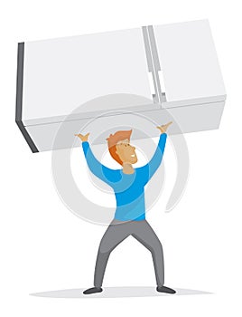 Strong man lifting refrigerator over his head