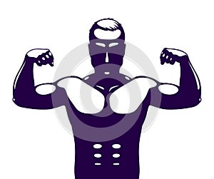 Strong man perfect silhouette showing hands with muscles vector logo