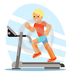 Strong man running treadmill simulator fitness concept flat design vector illustration