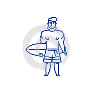 Strong man with surfing board line icon concept. Strong man with surfing board flat vector symbol, sign, outline