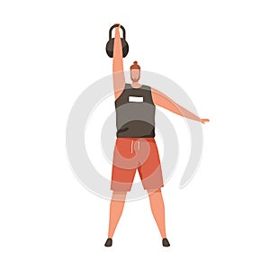 Strong man training with heavy kettlebell, lifting it up with hand. Athlete working out with added weight. Powerlifter