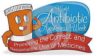 Strong Medicine Bottle Character for World Antibiotic Awareness Week, Vector Illustration