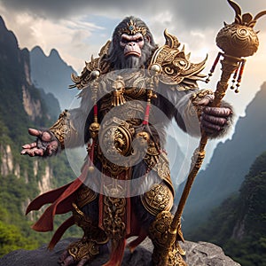 A strong monkey warlord, wearing a war costume, standing on a mountain holding a stick, fantasy, character