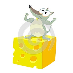 Strong mouse on a piece of cheese. Strongman athlete. Body-building. Vector illustration