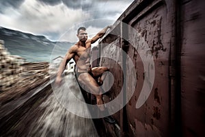 Strong muscular man holding on moving train