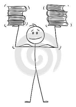 Strong Person Holding Books, Vector Cartoon Stick Figure Illustration