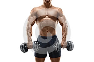 Strong and power bodybuilder doing exercises with dumbbell