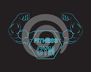 Strong power, muscle arms with frame and text fitness gym , neon light vector illustration