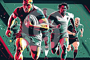 Strong and powerful rugby players run with ball on sports field, generative ai
