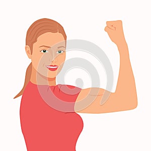 Strong powerful woman shows her arm muscles vector illustration. Women`s power