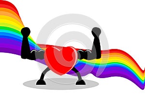 Strong red heart raising hands in front of rainbow LGBT pride flag background. Creative flat design vector illustration.