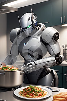 Strong robot chef owned by a big company cooking pasta in the kitchen for human