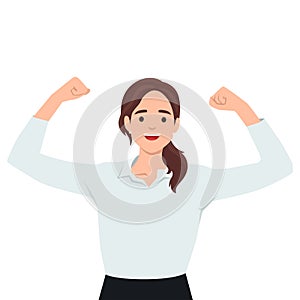 Strong smiling business woman stand raising hands, pumping fists, celebrating achievement success. Successful businesswoman