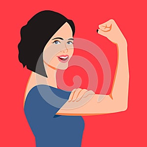 Strong smiling woman showing arm and bicep, to illustrate strenght concept like beeing a mother, a businesswoman