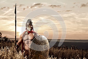 Strong Spartan warrior in battle dress with a shield and a spear