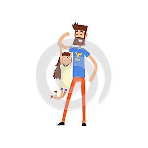 Strong super hero dad with daughter hanging on his hand vector Illustration on a white background