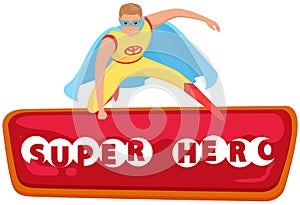 Strong super man smiles and flies to save world. Brave character in superhero costume with red cloak