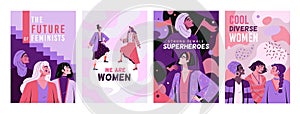 Strong superhero woman posters. Feminist flying at future. Modern cool portraits. Diverse multiethnic female. Feminine