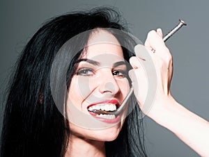 Strong teeth. Closeup of young woman with snow-white smile. Ideal strong white teeth, teethcare. Healthcare