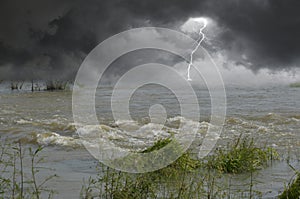 Strong tides of flood and rainy storm in monsoon season