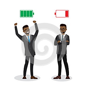 Strong and tired businessmen,Green Charged and red discharged battery,isolated on white background