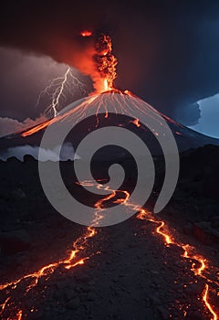 Strong volcanic eruption at night, photo